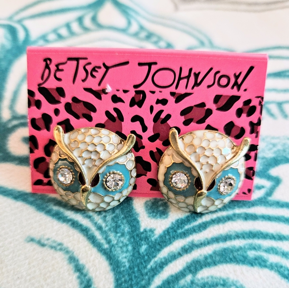 Betsey Johnson GP Enameled Owl Face Post Pierced Earrings